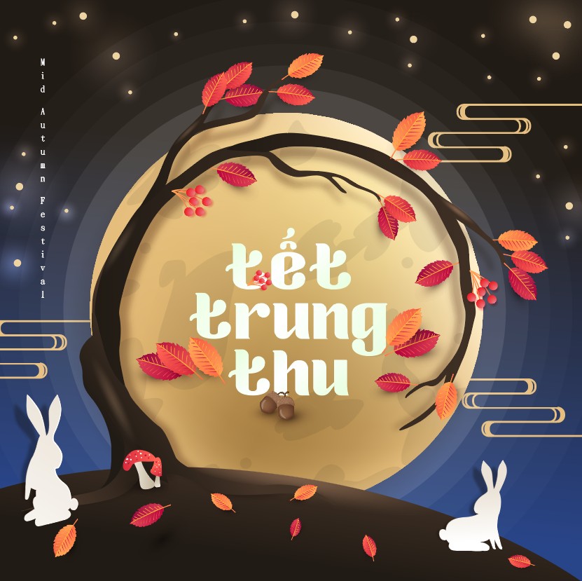 Artistic Mid-Autumn Festival Banner, Full Moon, Stars and Falling Leaves, Traditional Celebration, banner Trung Thu